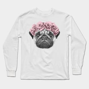 Rosie the pug with roses Long Sleeve T-Shirt